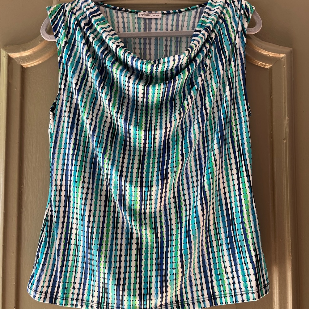 Ruched Sleeveless Blouse in Blue and Green